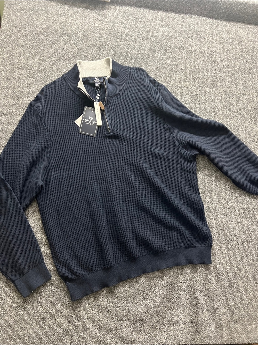 Magaschoni Navy Half-Zip Sweater with Gray Inner Collar size XXL 100% Cotton